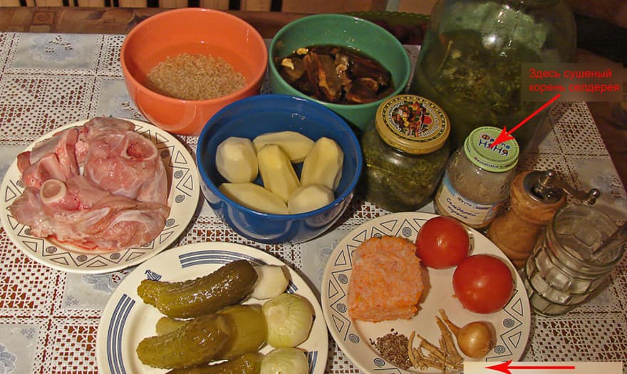 Рассольник с телятиной и сушеными грибами